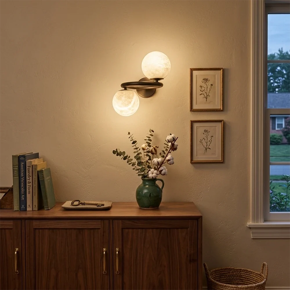 Two Globe Alabaster Spherical Wall Sconce – Alabaster detail 4
