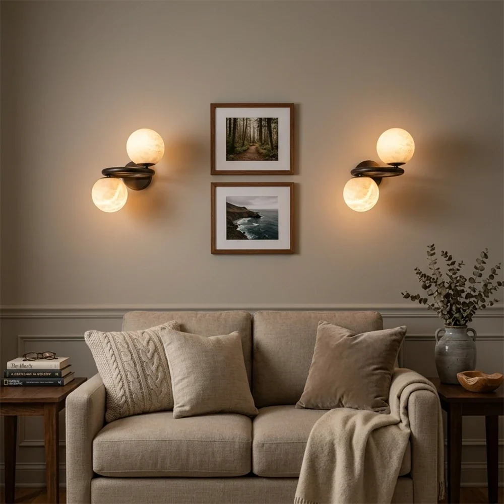 Two Globe Alabaster Spherical Wall Sconce – Alabaster detail 6