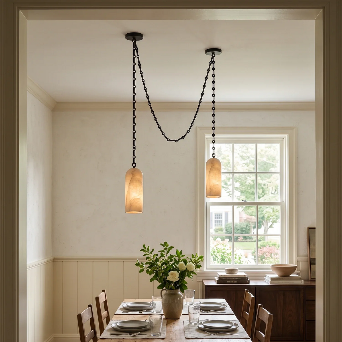 Verian Alabaster Capsule Chain Chandelier – Alabaster detail 7