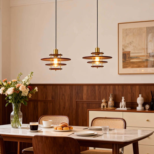 Vintage Tiered Walnut Wood Pendant Light